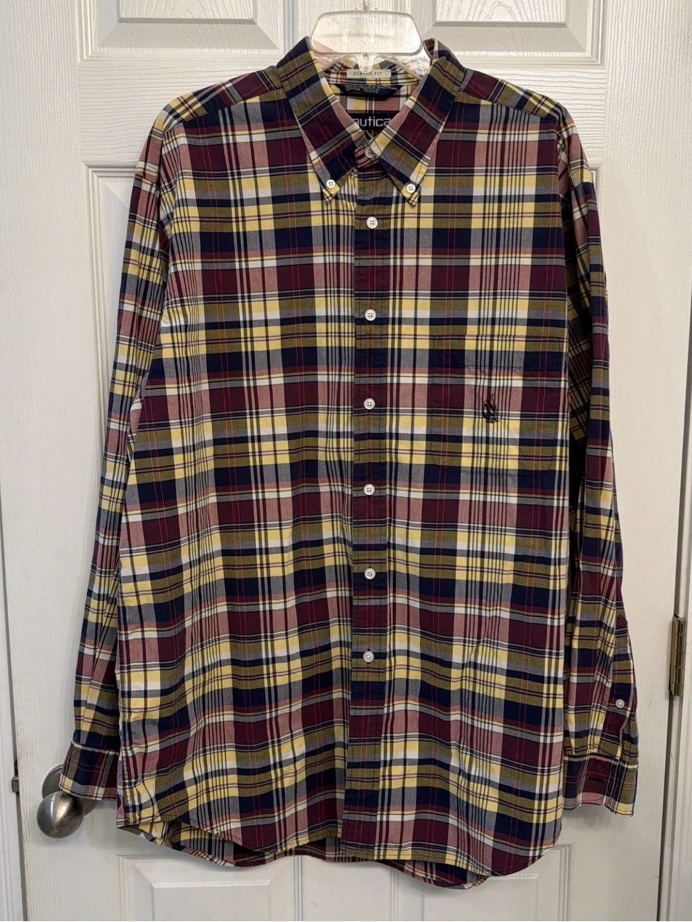 Nautica Men's Plaid Button-Down Shirt - Burgundy & Yellow 100% cotton XL. LS